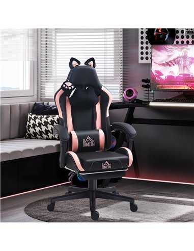 HOMCOM Cat Ear and Paw Reclining Office Chair, with Footrest - Black/Pink