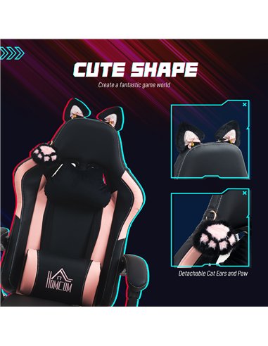 HOMCOM Cat Ear and Paw Reclining Office Chair, with Footrest - Black/Pink