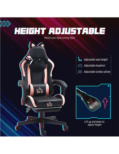 HOMCOM Cat Ear and Paw Reclining Office Chair, with Footrest - Black/Pink