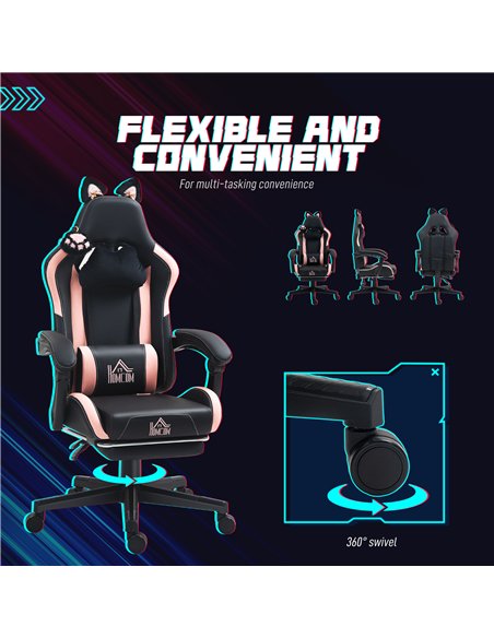 HOMCOM Cat Ear and Paw Reclining Office Chair, with Footrest - Black/Pink - pic 165939 | FastDaddyshop