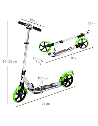 HOMCOM Folding Kick Scooter, Adjustable Ride On Scooter with 200mm Big Wheels and Double Shock Absorption, Urban Scooter for 14+