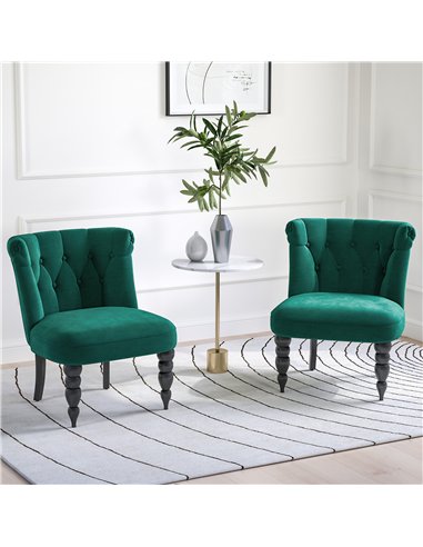 HOMCOM Velvet Accent Chair Set of 2, Button Tufted Wingback Chair with Rubber Wood Legs for Living Room, Bedroom, Dark Green