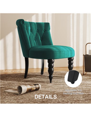HOMCOM Velvet Accent Chair Set of 2, Button Tufted Wingback Chair with Rubber Wood Legs for Living Room, Bedroom, Dark Green
