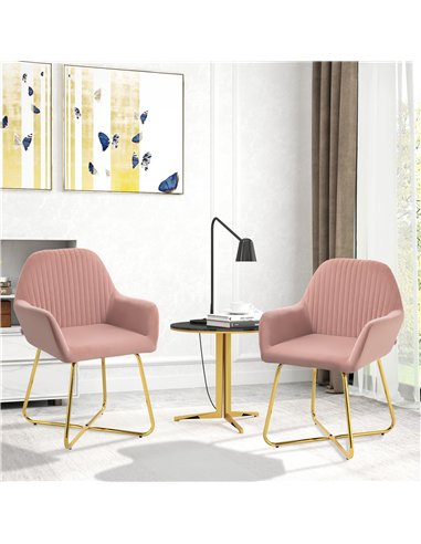 HOMCOM Modern Arm Chair Set of 2 Upholstered Accent Chair with Metal Base for Living Room Pink