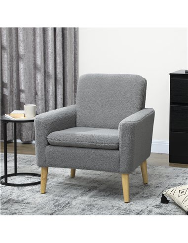 HOMCOM Armchair, Upholstered Accent Chair with Wood Legs and Wide Padded Seat, Teddy Occasional Chair, Grey
