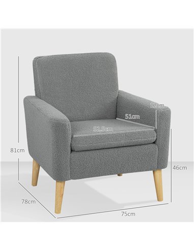 HOMCOM Armchair, Upholstered Accent Chair with Wood Legs and Wide Padded Seat, Teddy Occasional Chair, Grey
