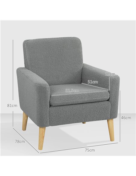 HOMCOM Armchair, Upholstered Accent Chair with Wood Legs and Wide Padded Seat, Teddy Occasional Chair, Grey - pic 166043 | FastDaddyshop