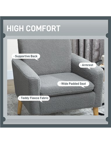 HOMCOM Armchair, Upholstered Accent Chair with Wood Legs and Wide Padded Seat, Teddy Occasional Chair, Grey