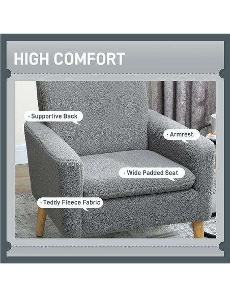 HOMCOM Armchair, Upholstered Accent Chair with Wood Legs and Wide Padded Seat, Teddy Occasional Chair, Grey - pic 166044 | FastDaddyshop