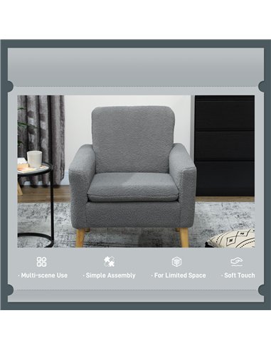 HOMCOM Armchair, Upholstered Accent Chair with Wood Legs and Wide Padded Seat, Teddy Occasional Chair, Grey