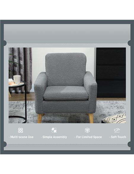 HOMCOM Armchair, Upholstered Accent Chair with Wood Legs and Wide Padded Seat, Teddy Occasional Chair, Grey - pic 166046 | FastDaddyshop