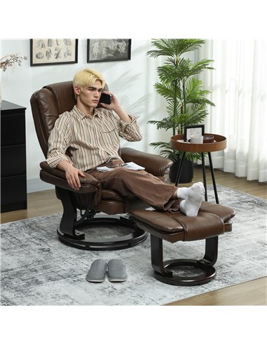 HOMCOM Faux Leather 135° Reclining Chair and Footstool - Brown