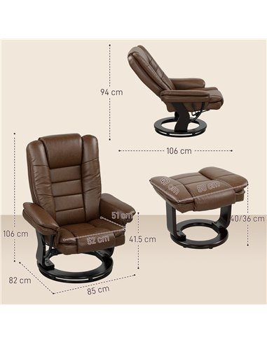HOMCOM Faux Leather 135° Reclining Chair and Footstool - Brown