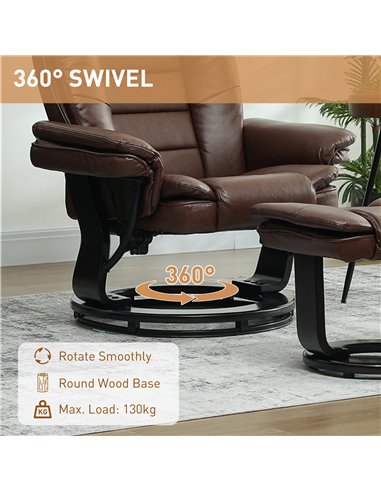 HOMCOM Faux Leather 135° Reclining Chair and Footstool - Brown