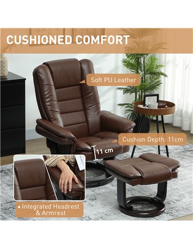 HOMCOM Faux Leather 135° Reclining Chair and Footstool - Brown
