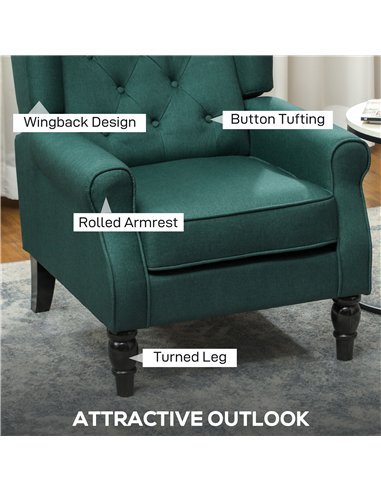 HOMCOM Wingback Accent Chair, Retro Upholstered Button Tufted Occasional Chair for Living Room and Bedroom, Dark Green