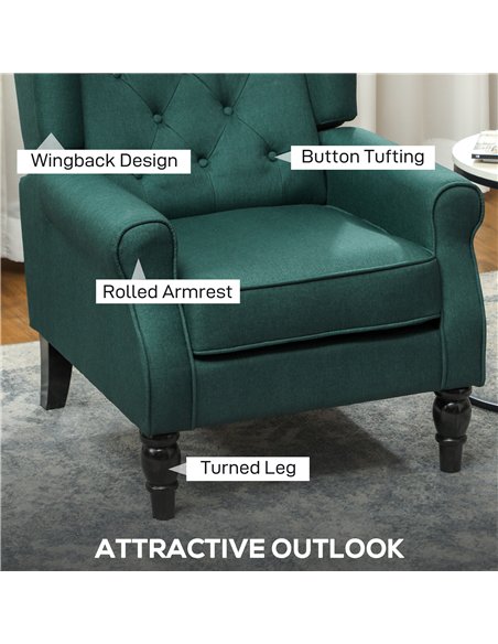 HOMCOM Wingback Accent Chair, Retro Upholstered Button Tufted Occasional Chair for Living Room and Bedroom, Dark Green - pic 166062 | FastDaddyshop