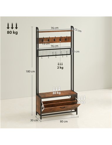 HOMCOM 5-In-1 Industrial-Style Hallway Tree - Brown/Black