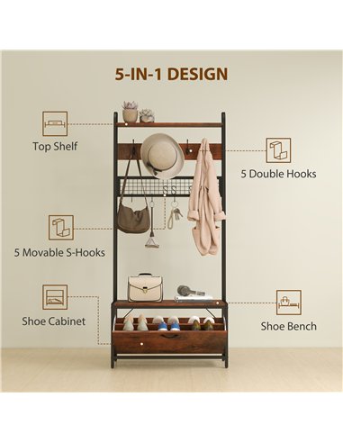 HOMCOM 5-In-1 Industrial-Style Hallway Tree - Brown/Black