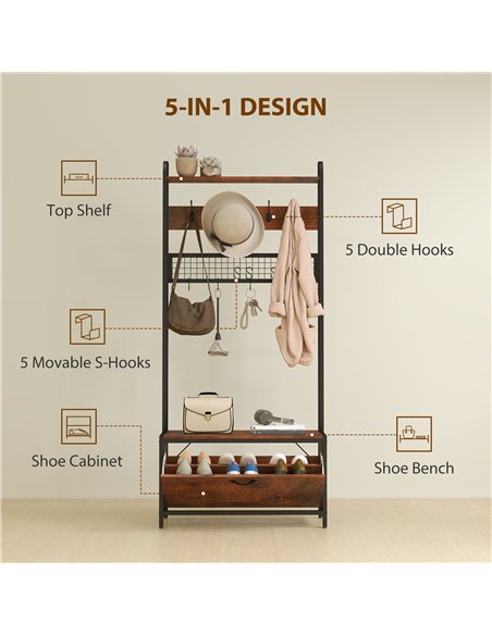 HOMCOM 5-In-1 Industrial-Style Hallway Tree - Brown/Black - pic 166134 | FastDaddyshop