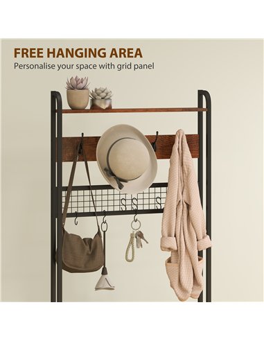 HOMCOM 5-In-1 Industrial-Style Hallway Tree - Brown/Black