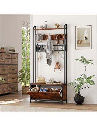 HOMCOM 5-In-1 Industrial-Style Hallway Tree - Brown/Black