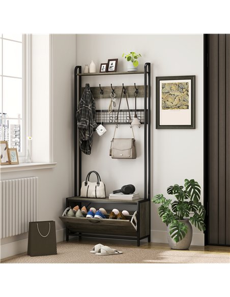 HOMCOM 5-In-1 Industrial-Style Hallway Tree - Grey/Black - pic 166141 | FastDaddyshop