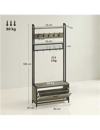 HOMCOM 5-In-1 Industrial-Style Hallway Tree - Grey/Black