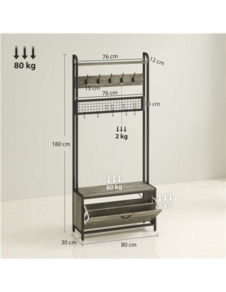 HOMCOM 5-In-1 Industrial-Style Hallway Tree - Grey/Black - pic 166142 | FastDaddyshop