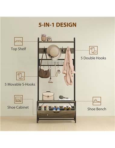 HOMCOM 5-In-1 Industrial-Style Hallway Tree - Grey/Black