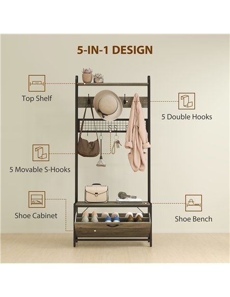 HOMCOM 5-In-1 Industrial-Style Hallway Tree - Grey/Black - pic 166143 | FastDaddyshop