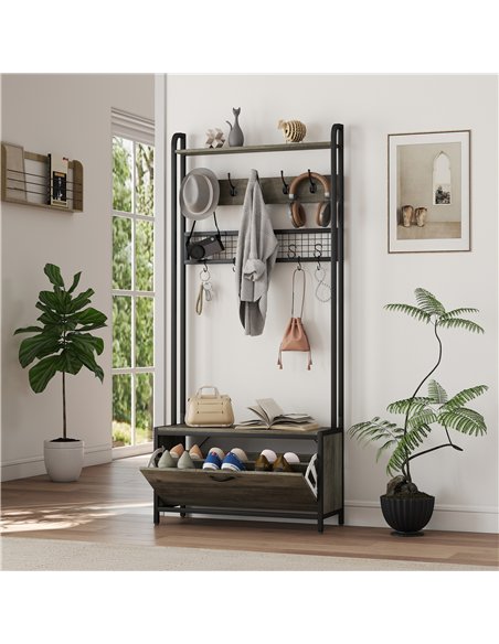 HOMCOM 5-In-1 Industrial-Style Hallway Tree - Grey/Black - pic 166148 | FastDaddyshop