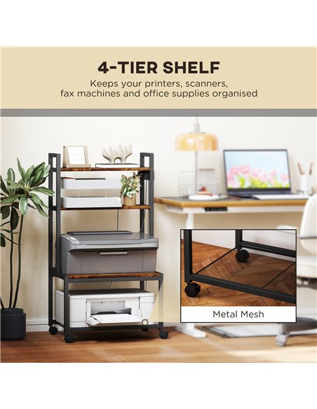 HOMCOM 4-Tier Printer Stand with Power Outlets and Wheels - Rustic Brown - pic 166153 | FastDaddyshop