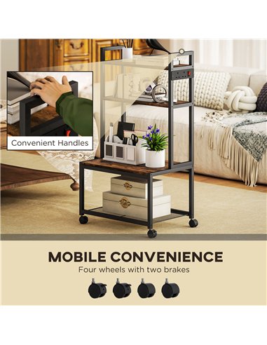 HOMCOM 4-Tier Printer Stand with Power Outlets and Wheels - Rustic Brown