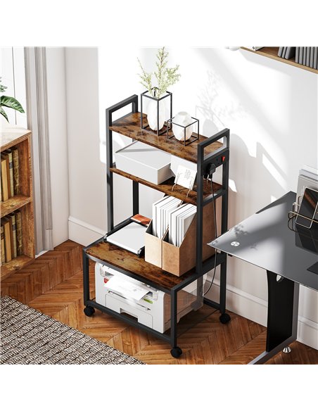 HOMCOM 4-Tier Printer Stand with Power Outlets and Wheels - Rustic Brown - pic 166156 | FastDaddyshop
