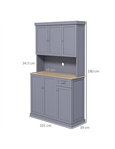 HOMCOM 180cm Freestanding Kitchen Cabinet, Modern Storage Cupboard with Open Countertop, Drawer and 6 Doors, Grey