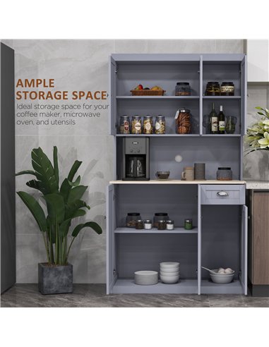 HOMCOM 180cm Freestanding Kitchen Cabinet, Modern Storage Cupboard with Open Countertop, Drawer and 6 Doors, Grey