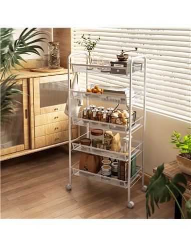HOMCOM Five-Steel Mesh Basket Storage Trolley, with Wheels - White