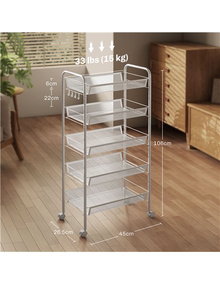 HOMCOM Five-Steel Mesh Basket Storage Trolley, with Wheels - White - pic 166286 | FastDaddyshop