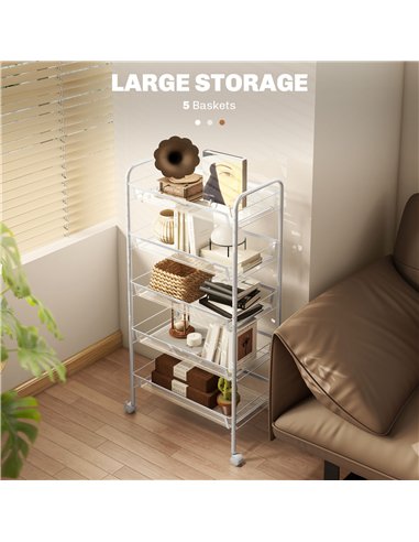 HOMCOM Five-Steel Mesh Basket Storage Trolley, with Wheels - White