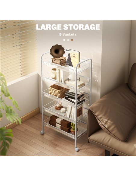 HOMCOM Five-Steel Mesh Basket Storage Trolley, with Wheels - White - pic 166287 | FastDaddyshop