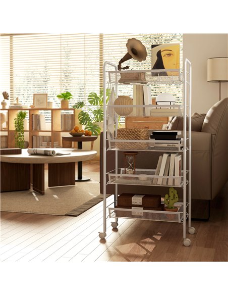 HOMCOM Five-Steel Mesh Basket Storage Trolley, with Wheels - White - pic 166290 | FastDaddyshop