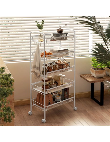 HOMCOM Five-Steel Mesh Basket Storage Trolley, with Wheels - White - pic 166291 | FastDaddyshop