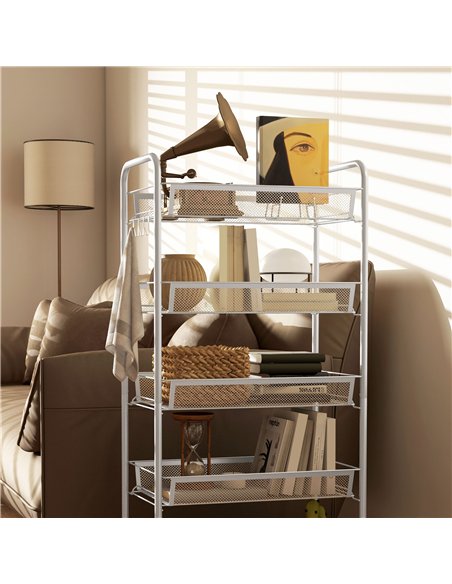 HOMCOM Five-Steel Mesh Basket Storage Trolley, with Wheels - White - pic 166292 | FastDaddyshop