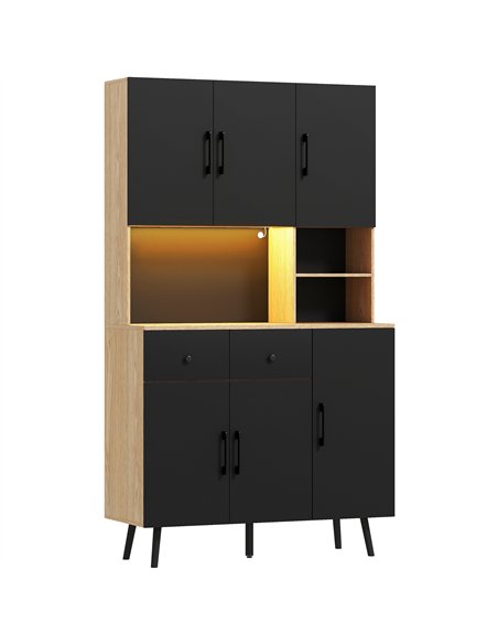 HOMCOM 176 cm Kitchen Cupboard with LED Lights - Oak and Black - pic 166302 | FastDaddyshop