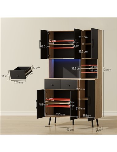 HOMCOM 176 cm Kitchen Cupboard with LED Lights - Oak and Black