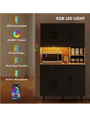 HOMCOM 176 cm Kitchen Cupboard with LED Lights - Oak and Black