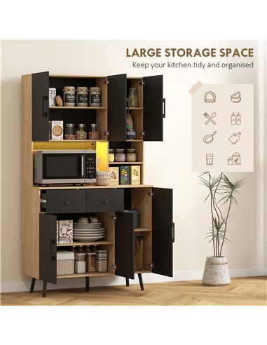 HOMCOM 176 cm Kitchen Cupboard with LED Lights - Oak and Black