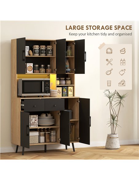 HOMCOM 176 cm Kitchen Cupboard with LED Lights - Oak and Black - pic 166306 | FastDaddyshop