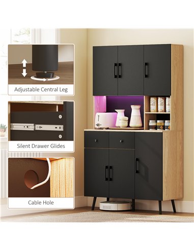 HOMCOM 176 cm Kitchen Cupboard with LED Lights - Oak and Black